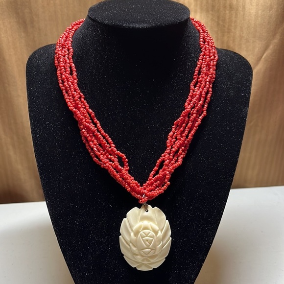 Jewelry - Vintage Red Beaded Necklace with Hand Carved White Pendant